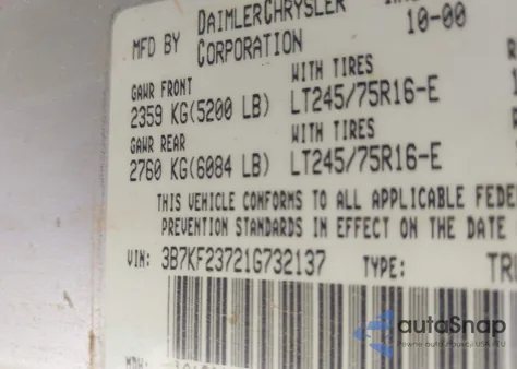 2001 Dodge Ram 2500 St z USA, uszkodzony, nr VIN 3B7KF23721G732137